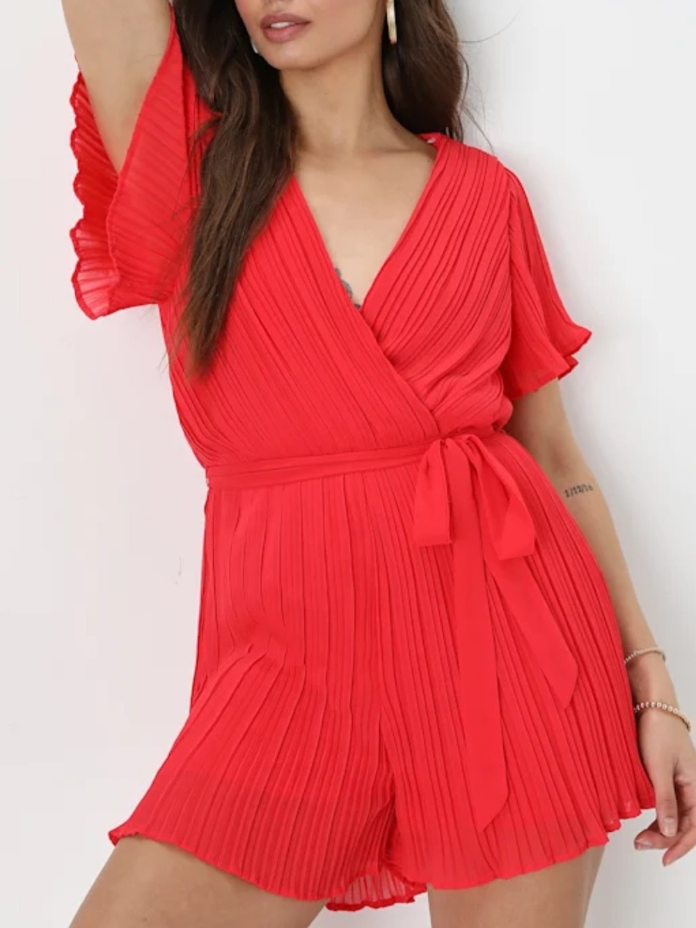 Lulus Sweetheart Red/Orange Feminine Surplice Romantic Pleated Plisse Romper-S